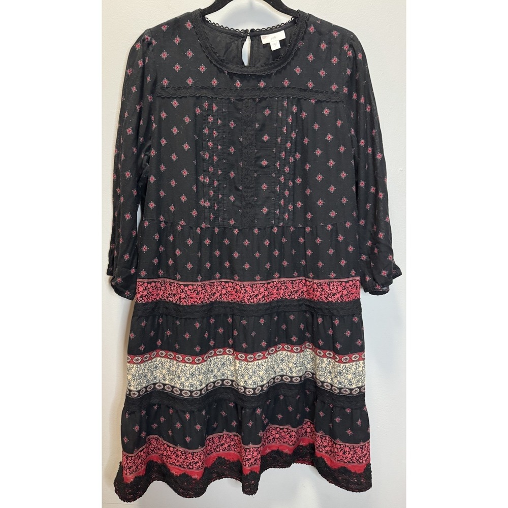 J. Jill Dress Women's M Black Red Ivory Geometric A-Line Lace 3/4 Sleeve Lined